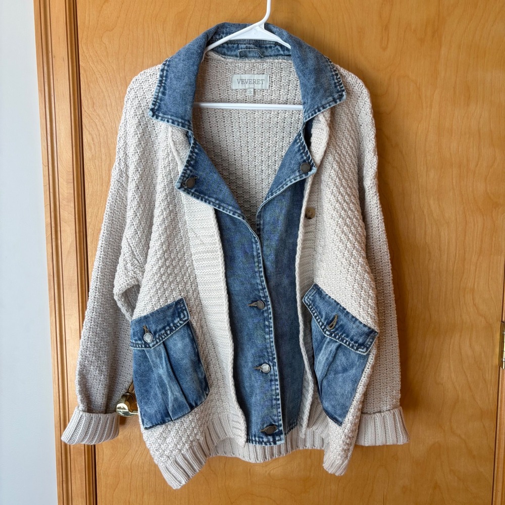 Veveret Cardigan Sweater Women Large Cream Denim Mixed Media Knit Layered Jacket